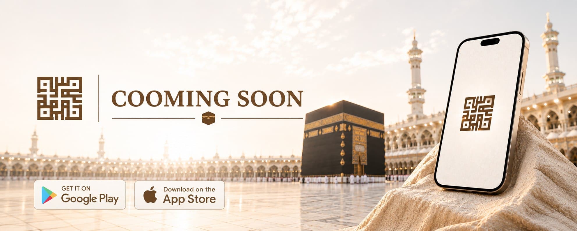The Kaaba in Makkah beside a phone showing the Badal Umrah app