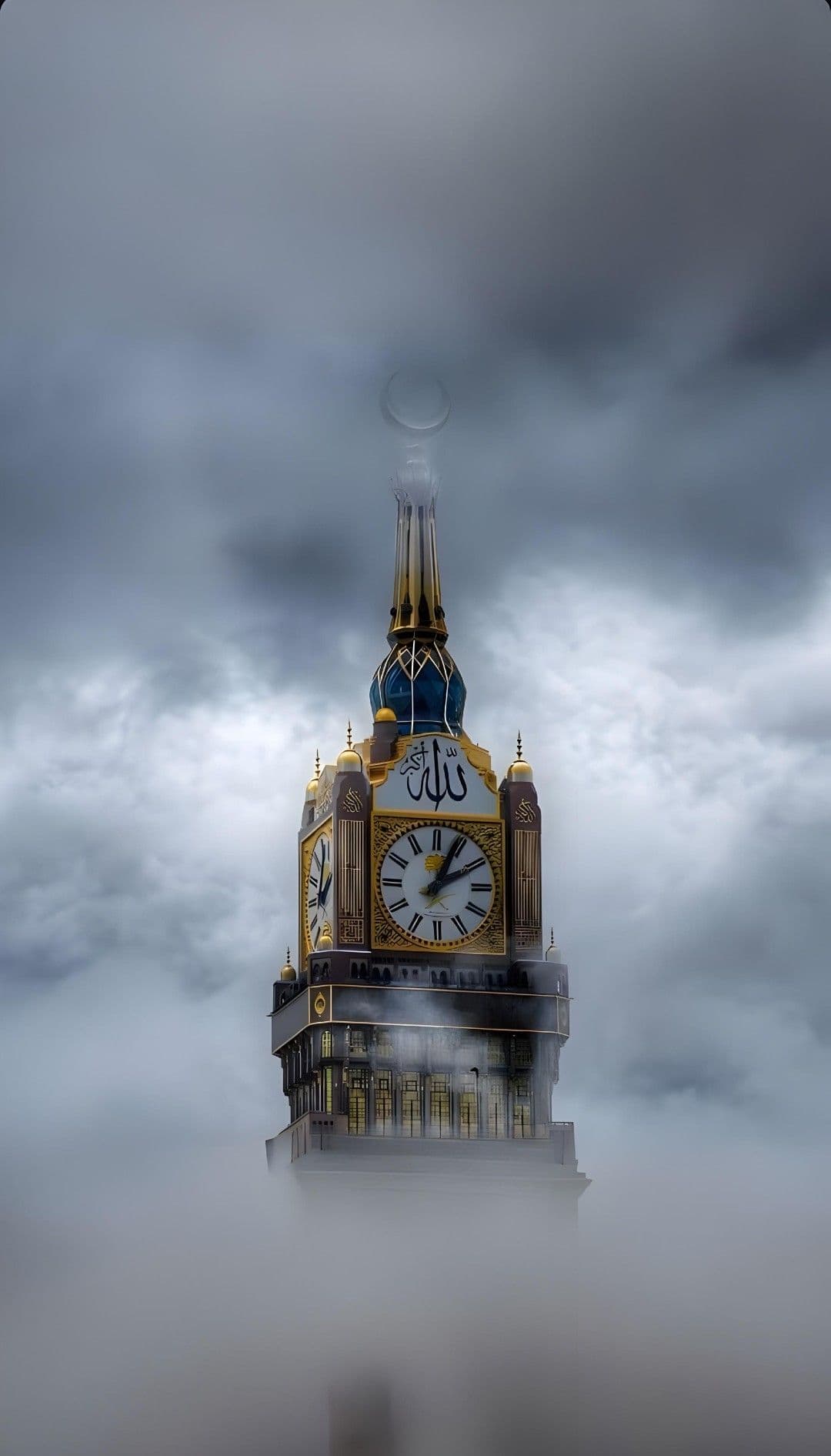 The Makkah clock tower rising above the clouds at dawn