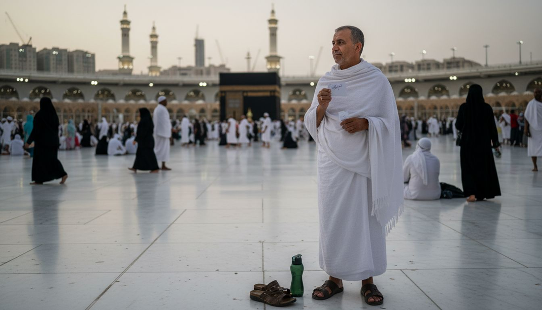 Man in ihram at Masjid al-Haram dusk