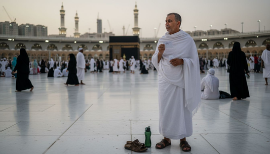 Man in ihram at Masjid al-Haram dusk
