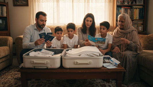 Family preparing Umrah documents and garments at home