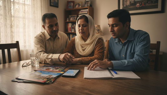 Family comparing brochures for Umrah packages