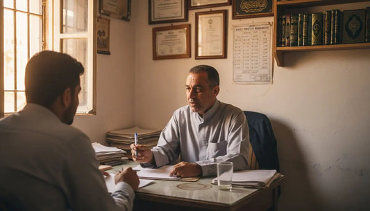 Man consulting Badal Umrah paperwork in office