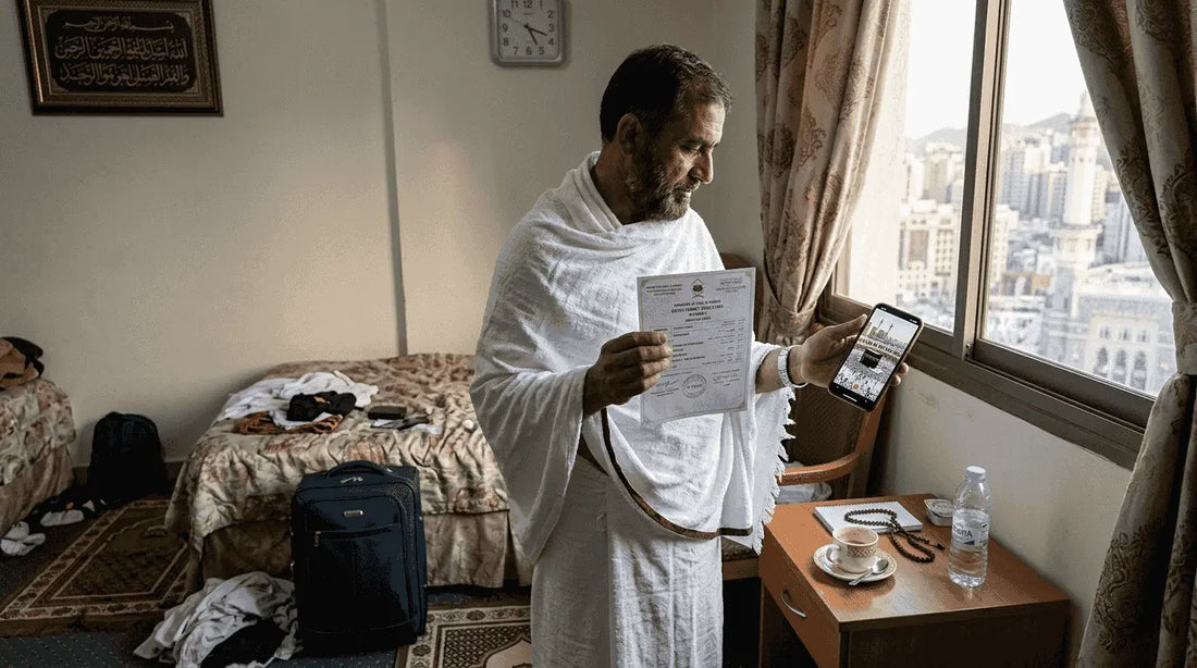 Man reviewing Umrah certificate in hotel room