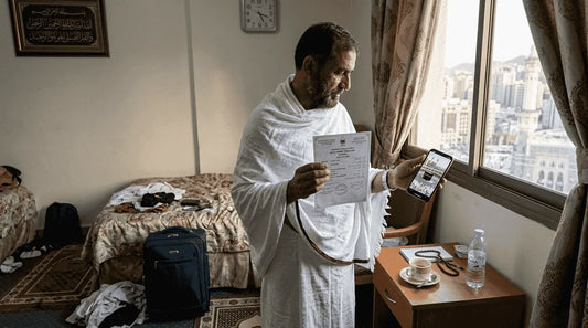 Man reviewing Umrah certificate in hotel room