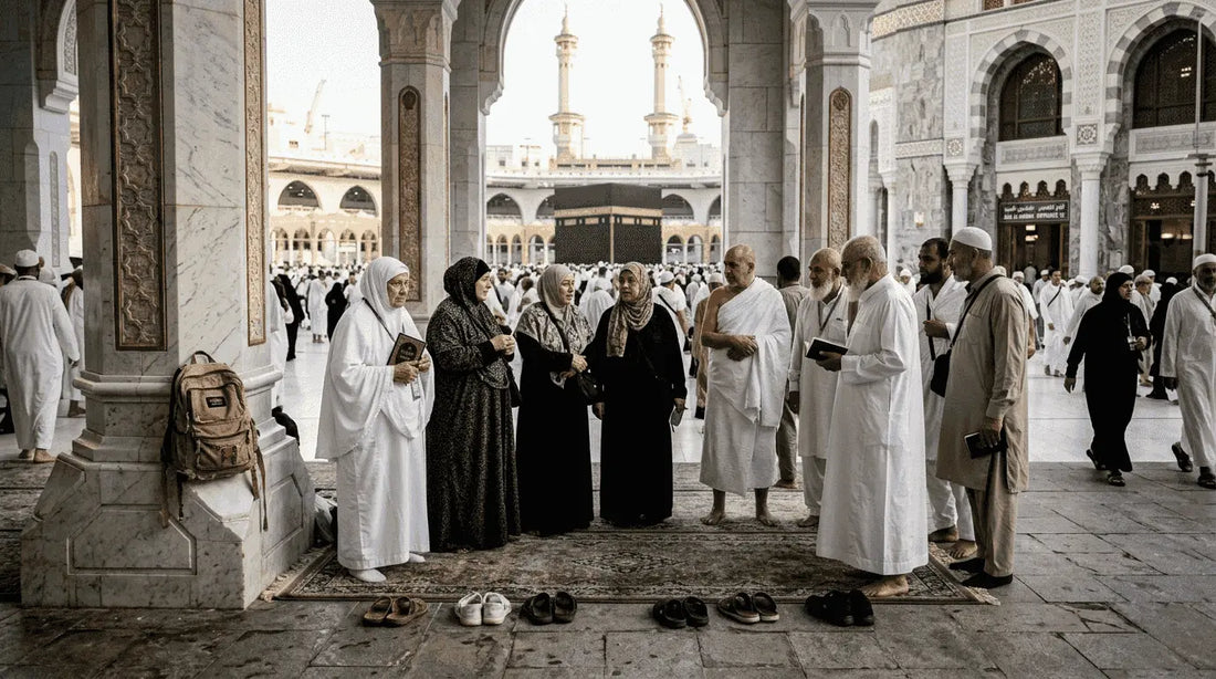 Pilgrims outside Masjid al-Haram preparing for Umrah