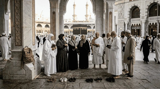 Pilgrims outside Masjid al-Haram preparing for Umrah