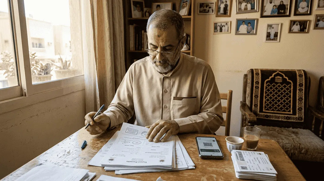 Man reviewing Umrah visa documentation at table