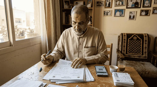 Man reviewing Umrah visa documentation at table