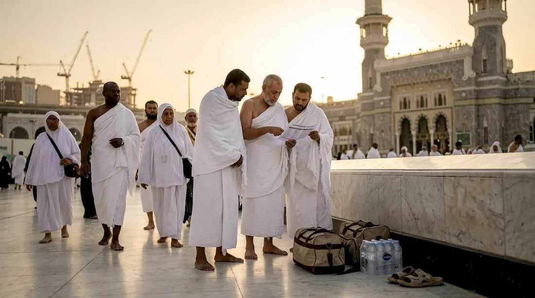 Umrah pilgrims consulting itinerary near Grand Mosque