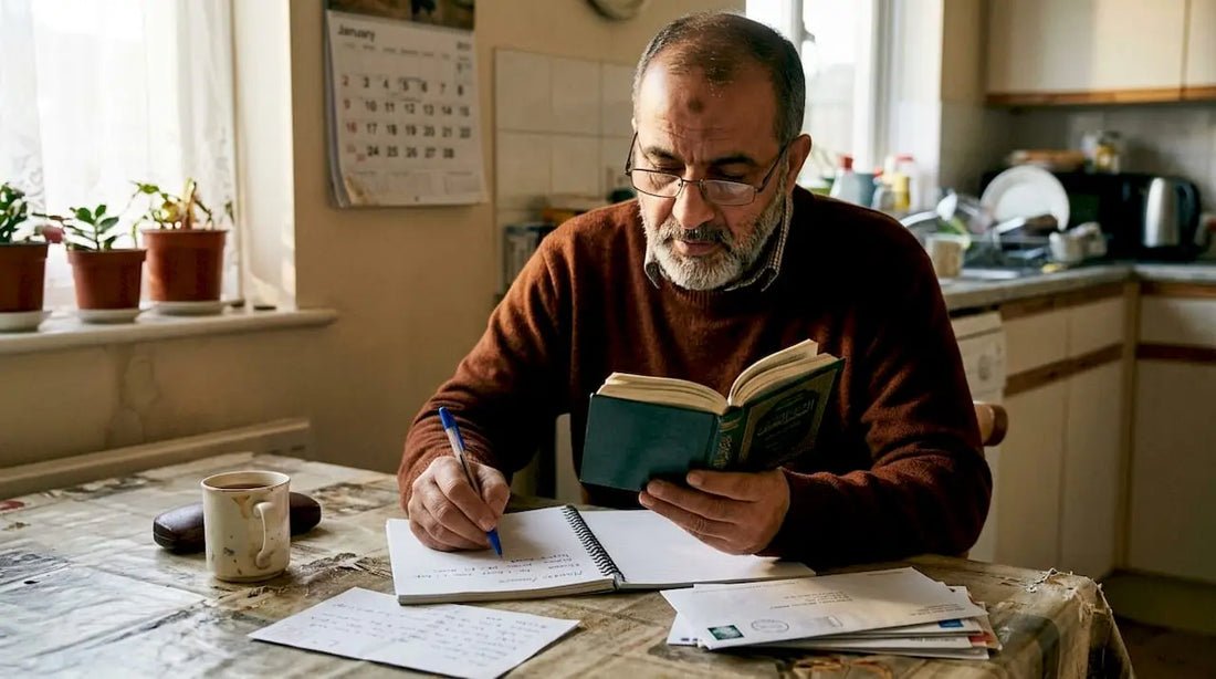 Man preparing intention for Umrah at kitchen table