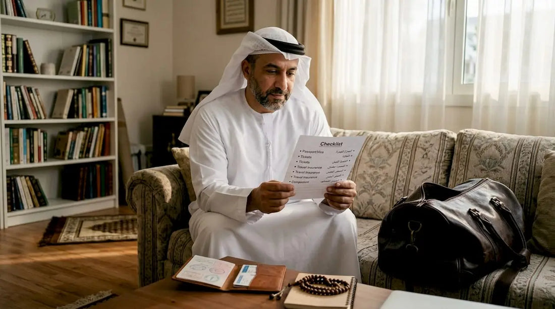 Man preparing for Umrah in family living room