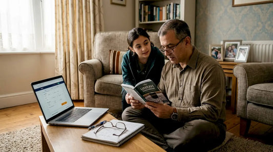 Family researching Umrah proxy in living room