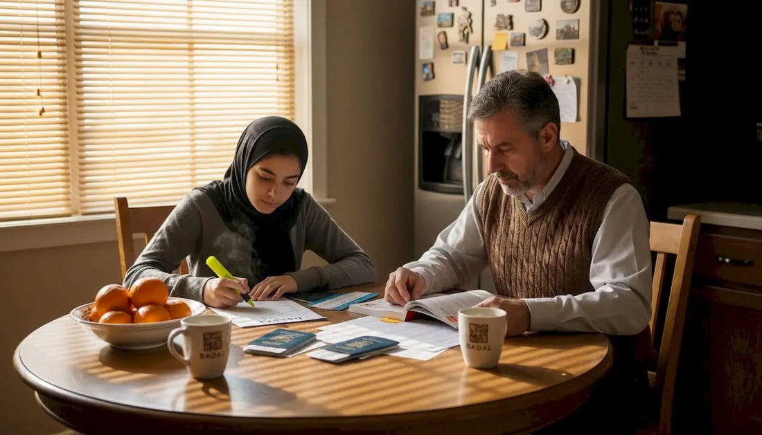 Family checking Umrah documents at kitchen table