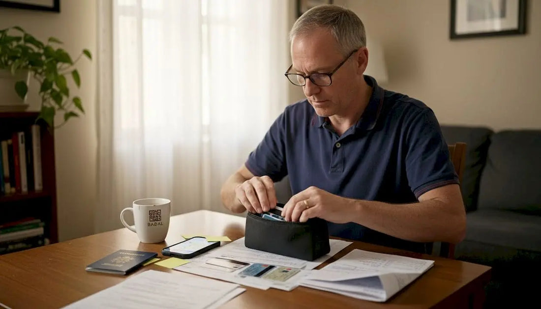 Man organizing travel documents for Umrah