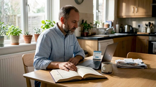 Man making Umrah donation online at dining table