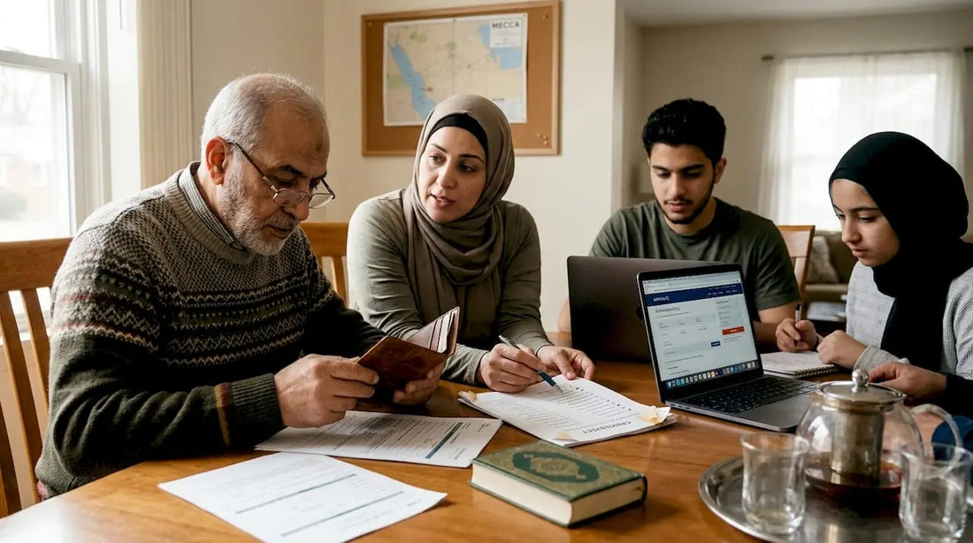 Muslim family preparing Umrah paperwork together