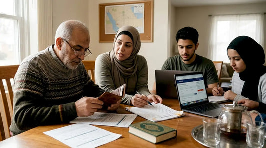 Muslim family preparing Umrah paperwork together