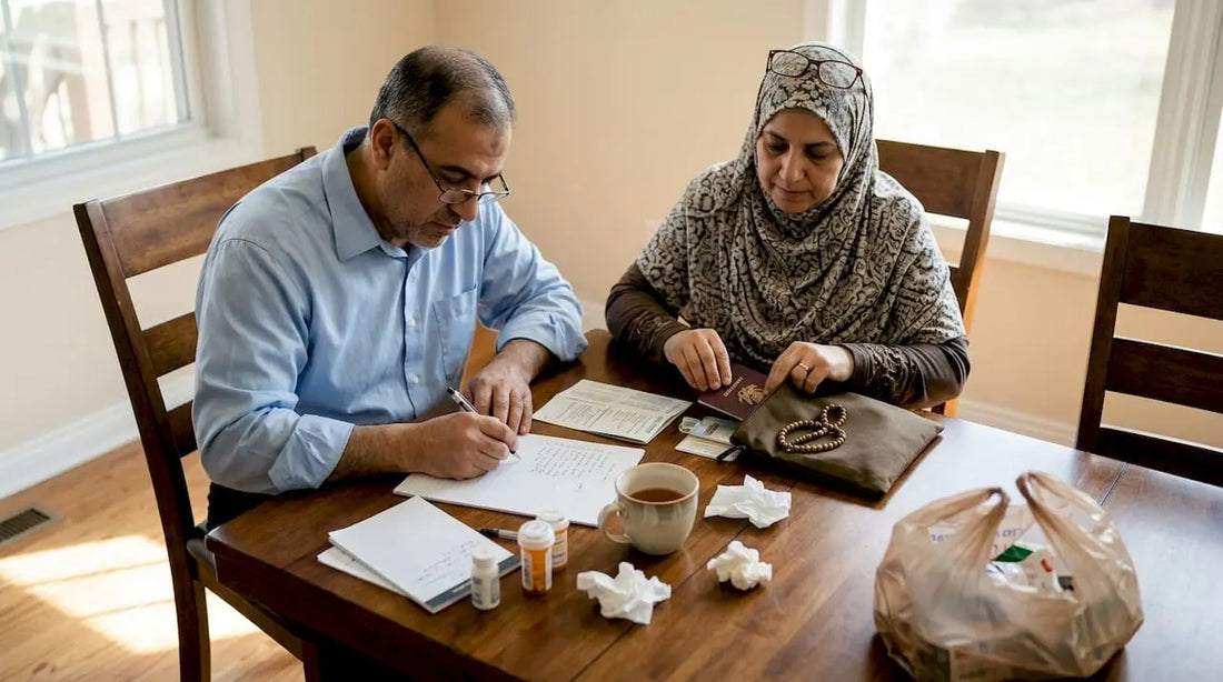 Family organizing Umrah travel essentials at table