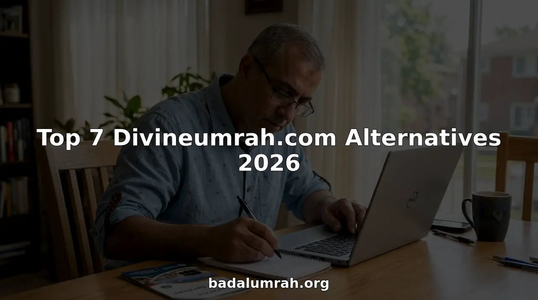 Man comparing Umrah services on laptop at home