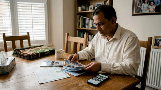 Man reviewing Umrah photos and certificate at home