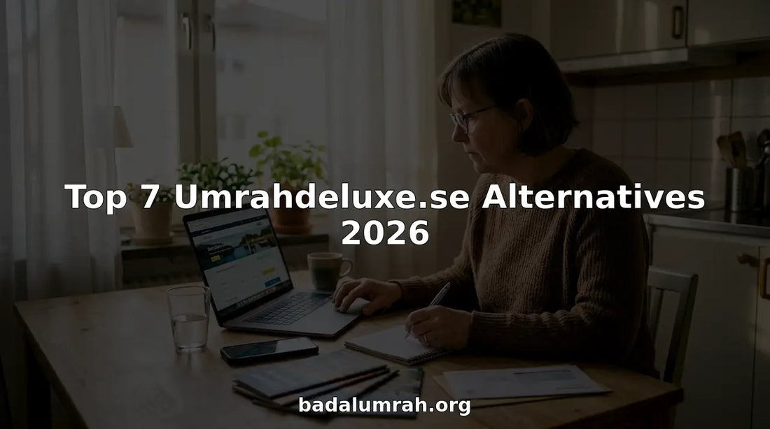 Woman researching Umrah alternatives at kitchen table