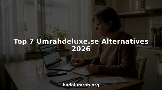Woman researching Umrah alternatives at kitchen table