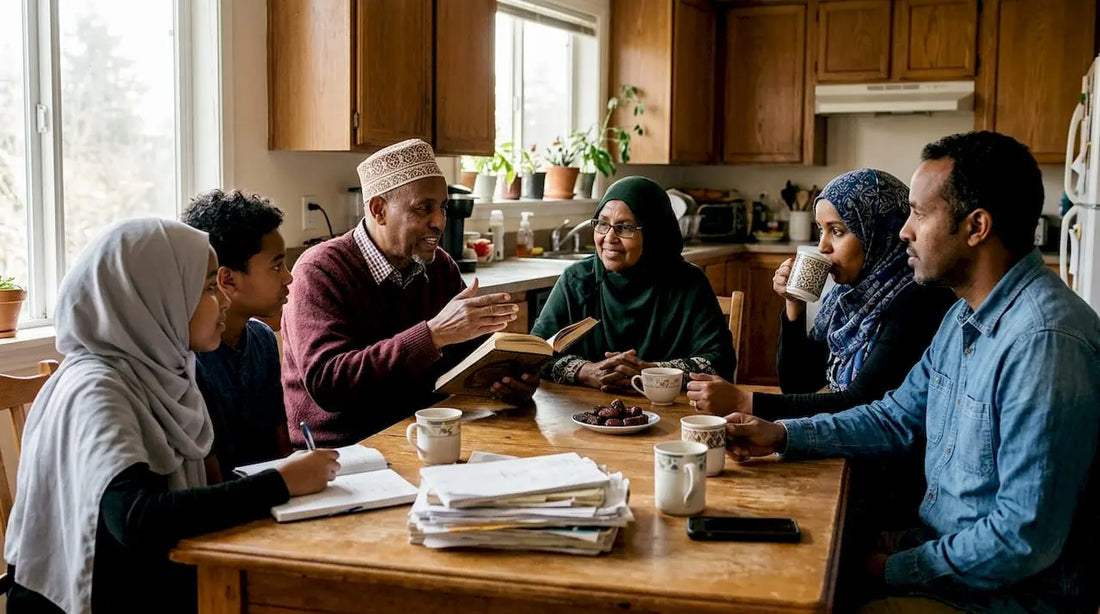 Muslim family discussing Five Pillars at table