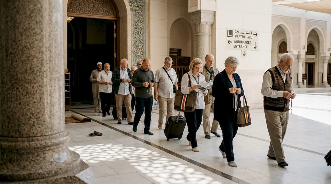 Pilgrims walk past mosque entrance with prayer beads