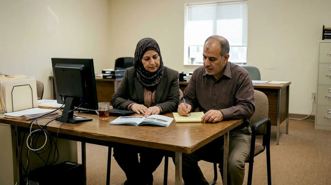 Two people discuss Umrah accessibility guide at desk