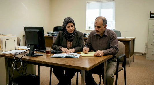Two people discuss Umrah accessibility guide at desk