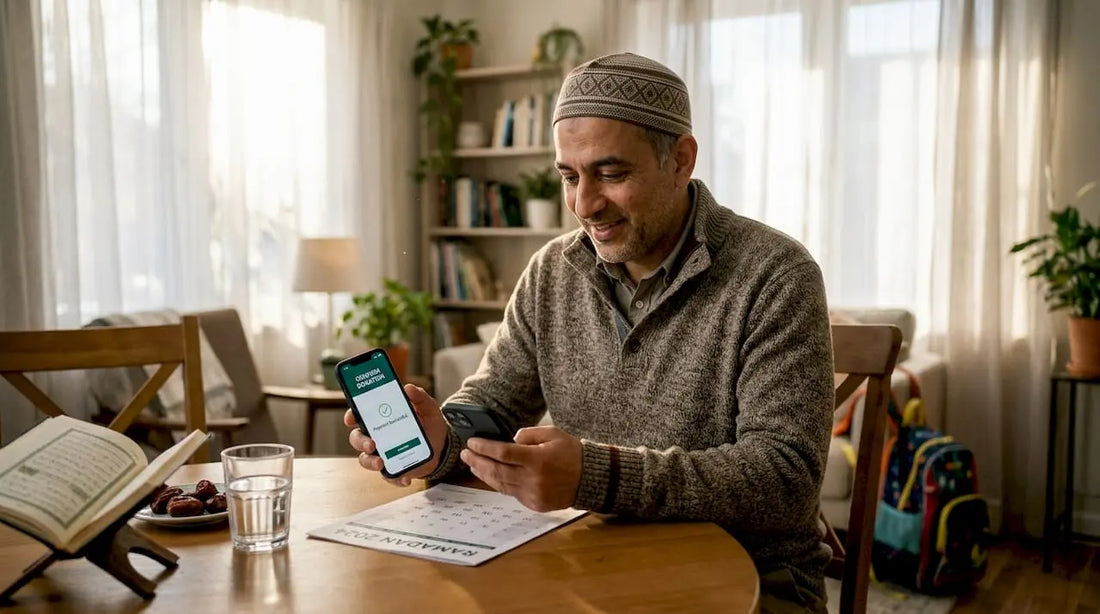 Man donating to charity during Ramadan at home