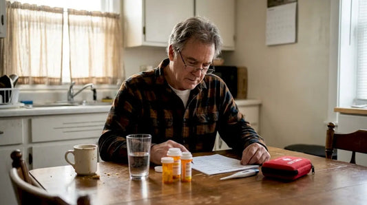 Pilgrim preparing health kit at home table