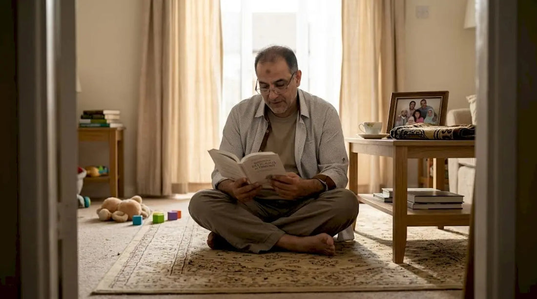 Man reading religious text in lived-in home