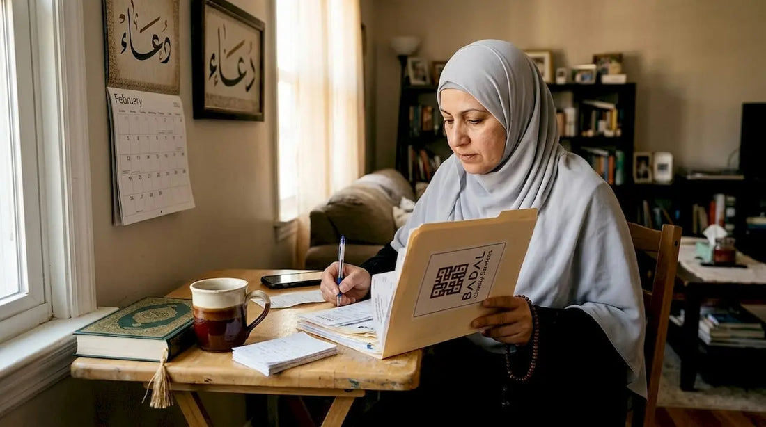 Muslim woman sorting donation records at desk