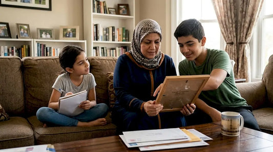 Family discussing official Umrah certificate