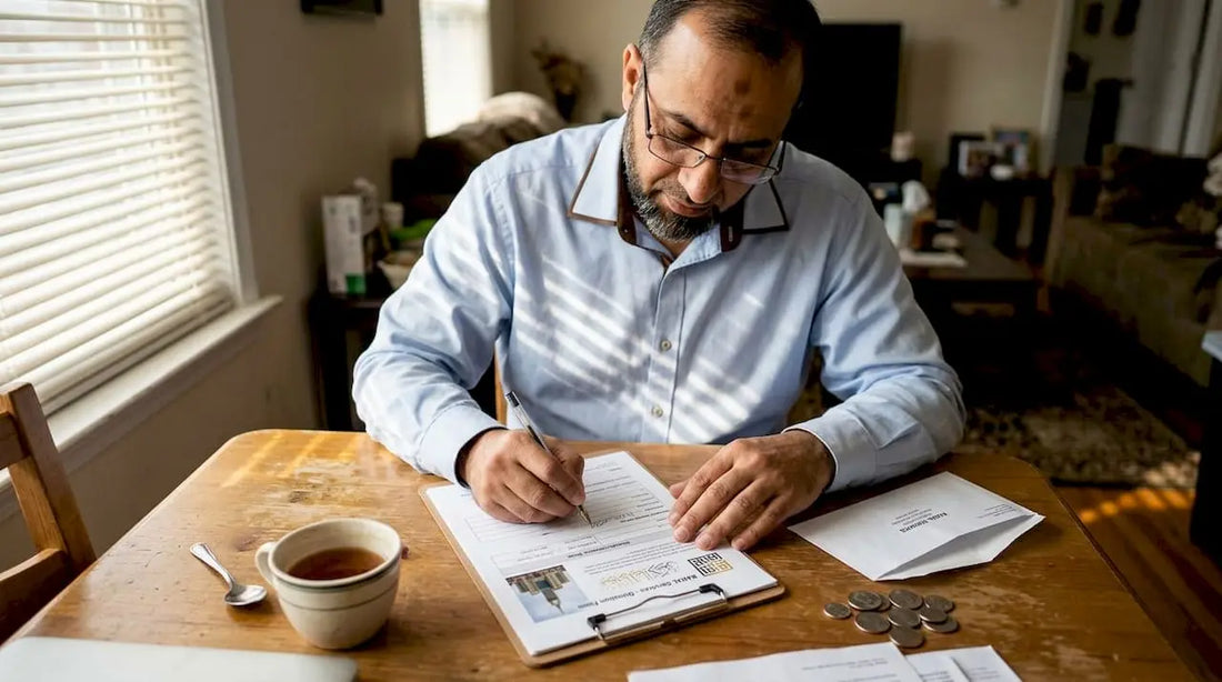 Man filling charity form in apartment