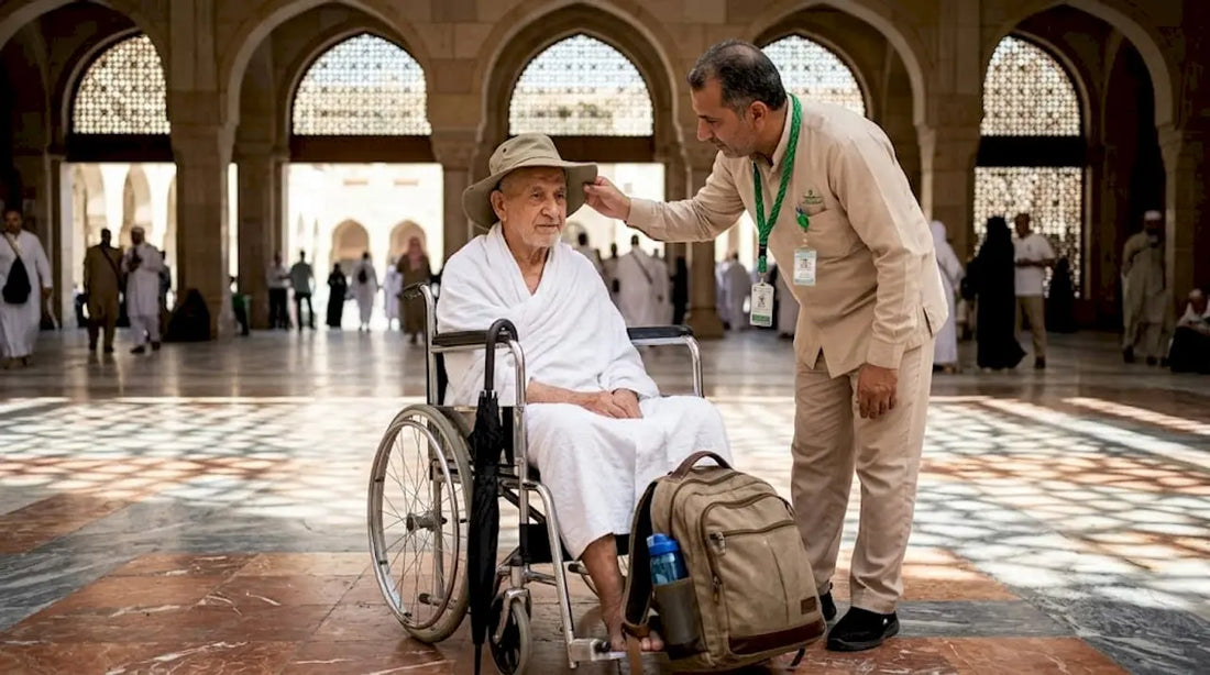 Elderly Umrah pilgrim aided by attendant
