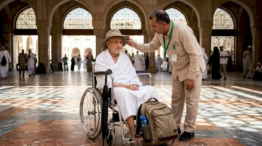 Elderly Umrah pilgrim aided by attendant