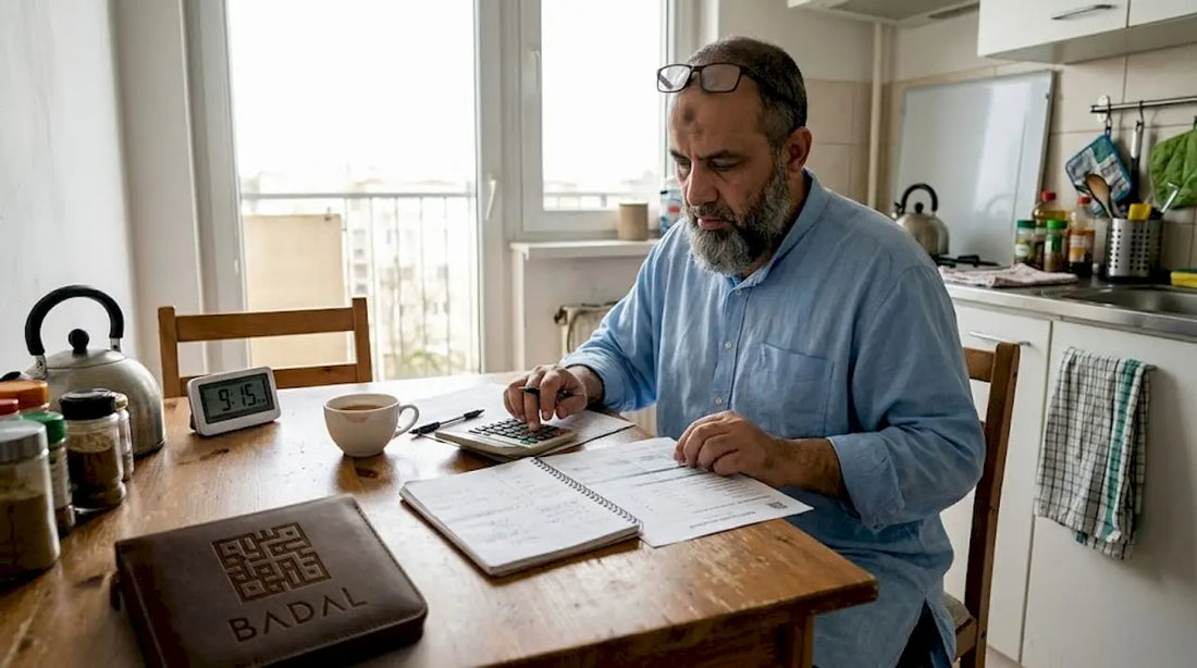 Man calculating Zakat at home kitchen table