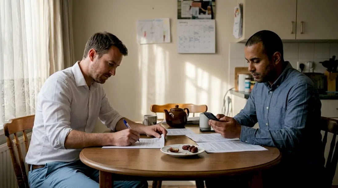 Men discussing proxy Umrah workflow at kitchen table