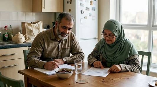 Muslim couple reviewing fasting calendar at kitchen table